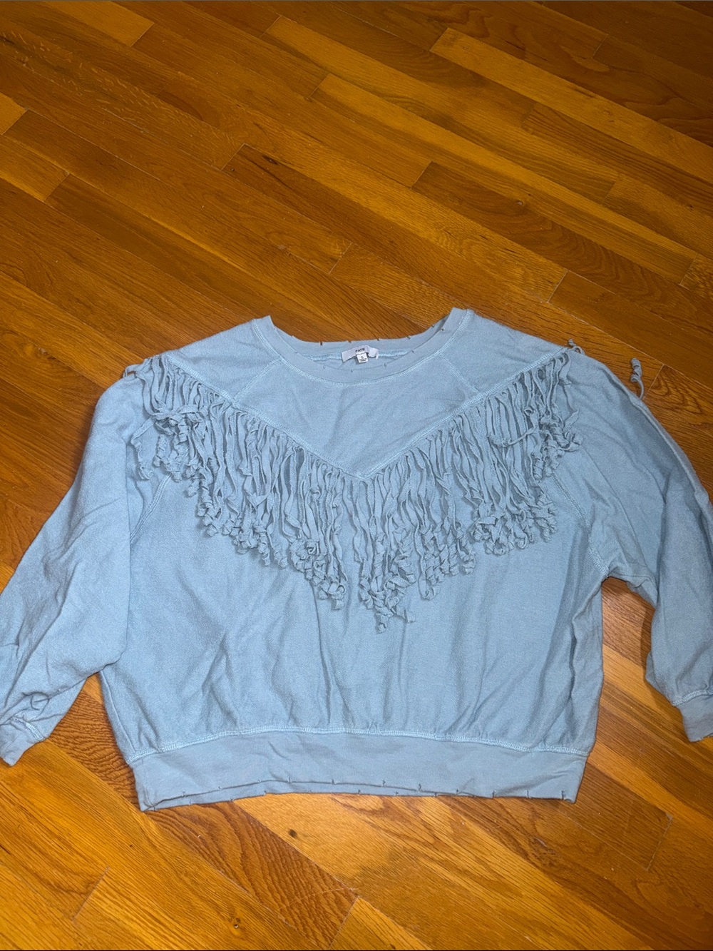Fate Light Blue Western Boho Fringe Distressed Sweatshirt